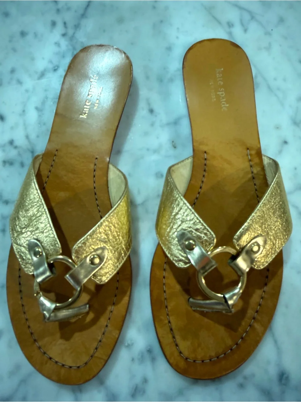 kate spade Metallic Gold Leather Toe-Loop Slide Sandals